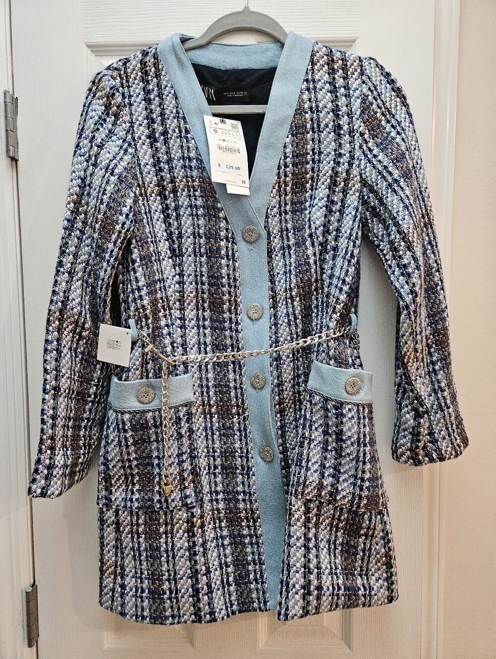 Zara Light Blue Tweed Long Jacket with Chain Belt